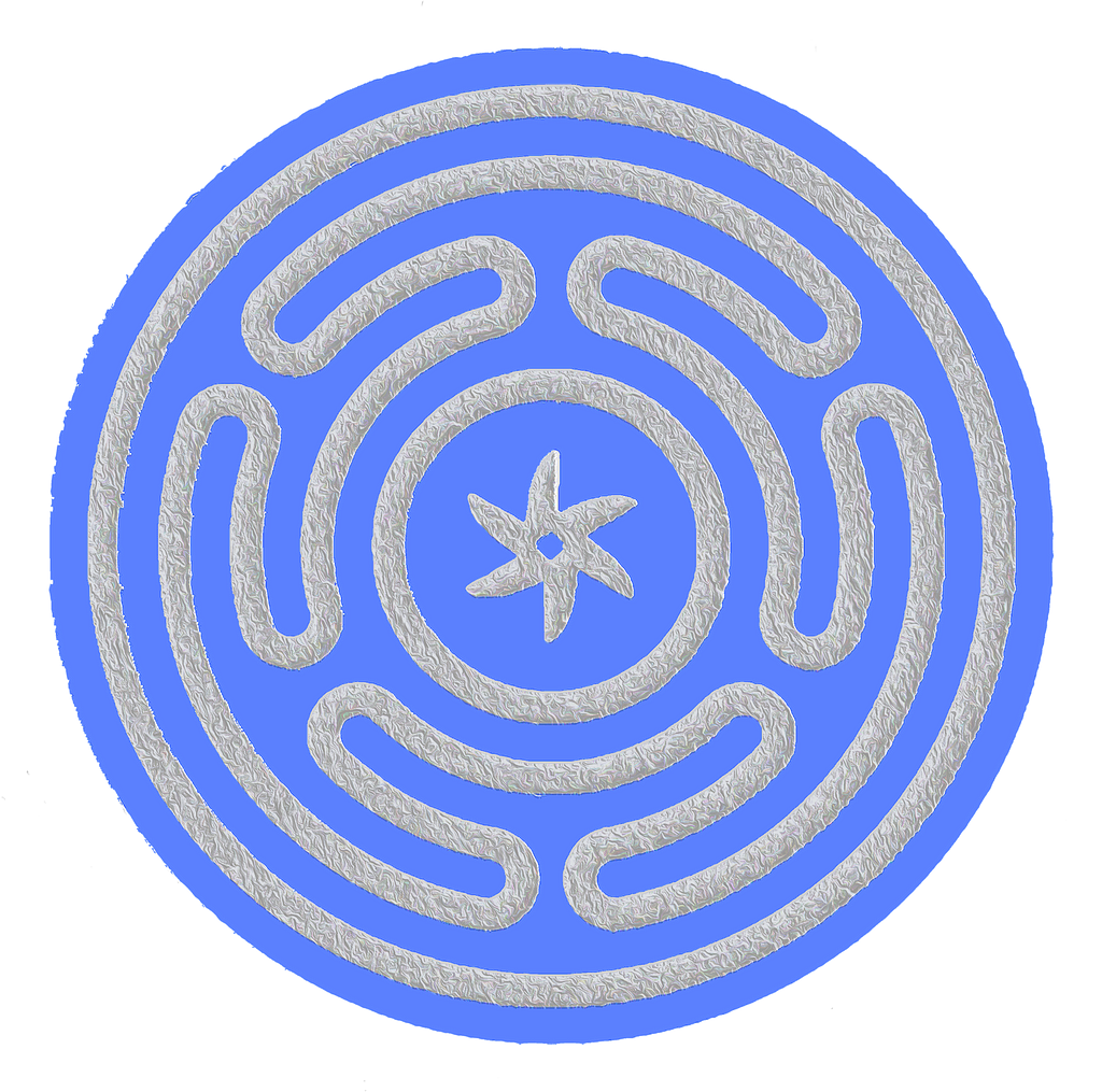 Image of a silver, burnished labyrinth with a star at the center on a blue field.