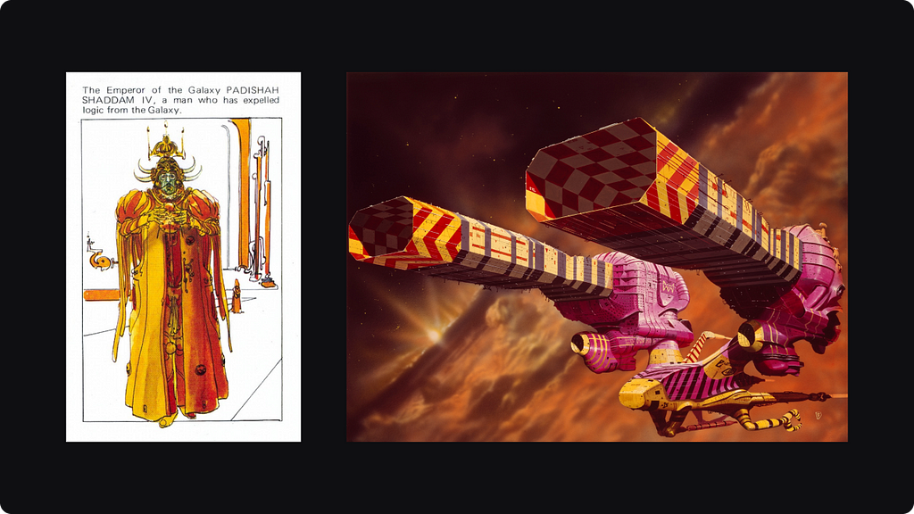 A costume sketch and a spaceship concept art from Jodorowsky’s Dune.