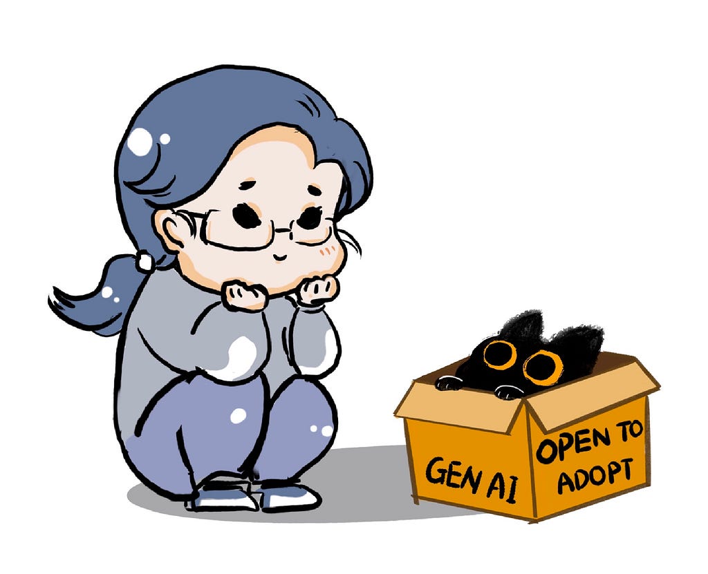 An illustration features a person with glasses and tied-back hair, sitting in a crouched position with their hands under their chin, looking eagerly at a box labeled “GEN AI OPEN TO ADOPT.” Inside the box, a black cat with orange yellow eyespeeks out, suggesting the Gen AI is up for adoption. The scene conveys a sense of anticipation and affection towards the Gen AI.