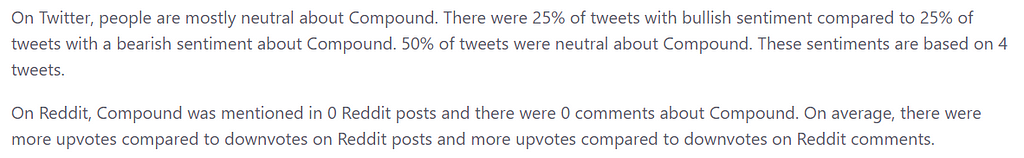 On Twitter, people are mostly neutral about Compound. There were 25% of tweets with bullish sentiment compared to 25% of tweets with a bearish sentiment about Compound. 50% of tweets were neutral about Compound. These sentiments are based on 4 tweets.
 
 On Reddit, Compound was mentioned in 0 Reddit posts and there were 0 comments about Compound. On average, there were more upvotes compared to downvotes on Reddit posts and more upvotes compared to downvotes on Reddit comments.