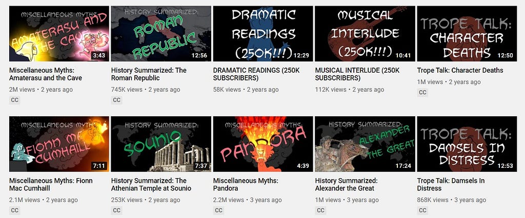 Screenshot of the various videos available on the channel.