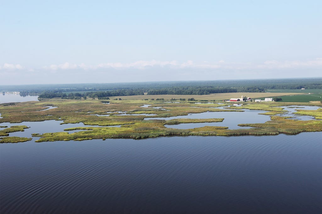 Aerial photo of river with marsh and farm in background