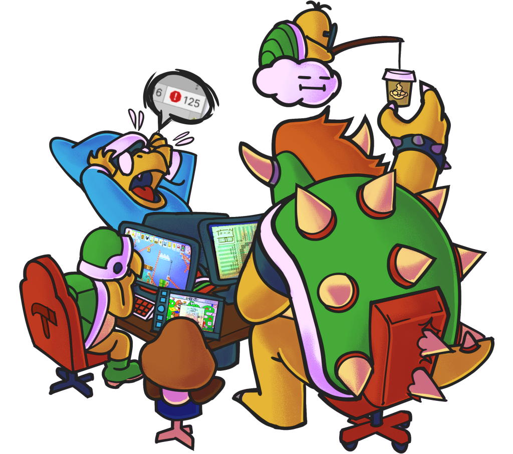 Koopas sit around game development workstations. Bowser is conspicuously squeezed next to his subordinates as “just another worker”