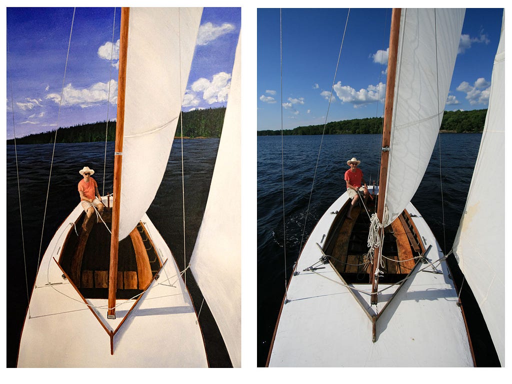 Two sailboats side by side one a painting