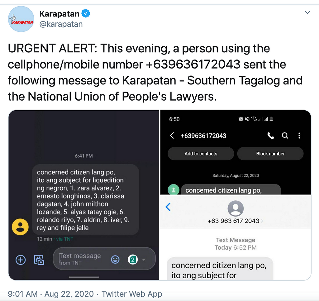 A screenshot of the text message hitlist sent to Karapatan.
