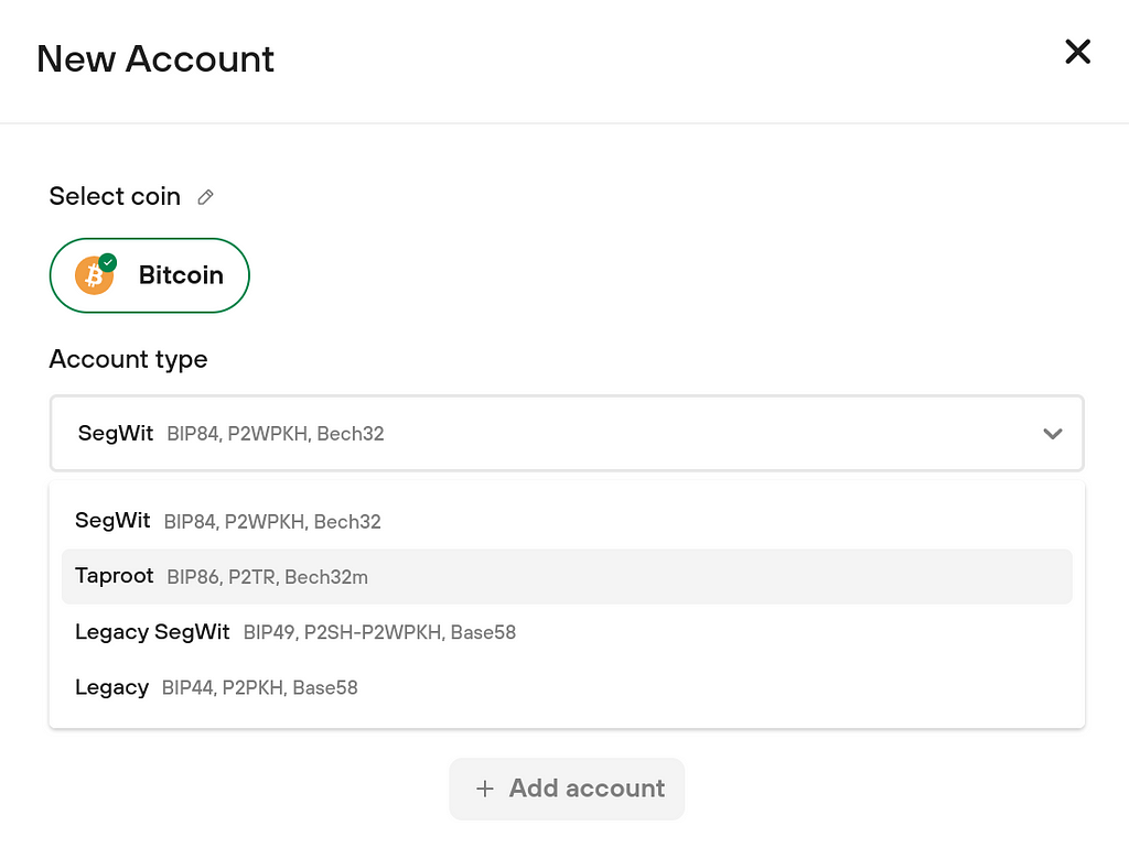 Adding a Taproot Bitcoin account from the New Account menu