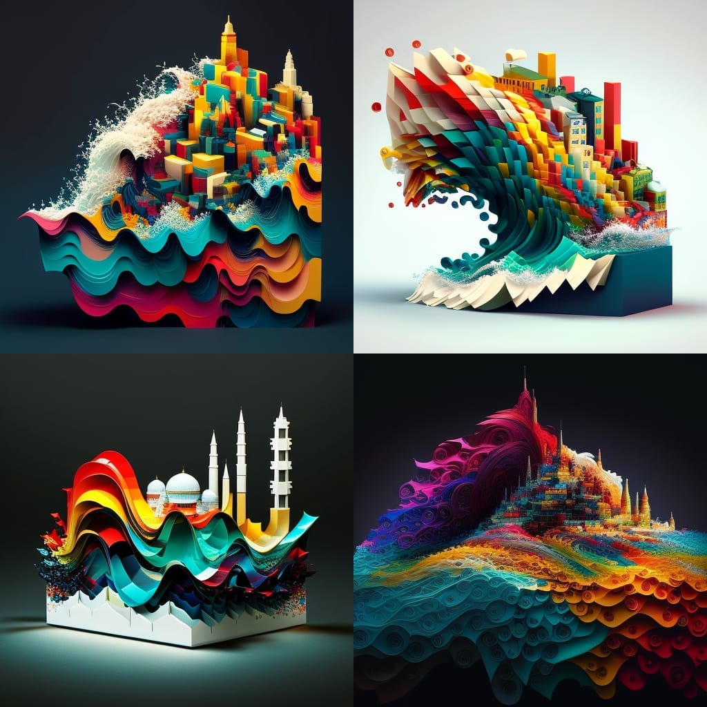 “A Lego design in the style of Refik Anadol, representing a colorful Istanbul like pixels moving in the flow of waves.” — — Created by Midjourney, prompted by Yavuz Kömeçoğlu