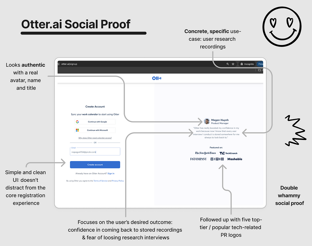 Analysis of registration page of otter-ai showing social proof in the form of a quote and PR logos
