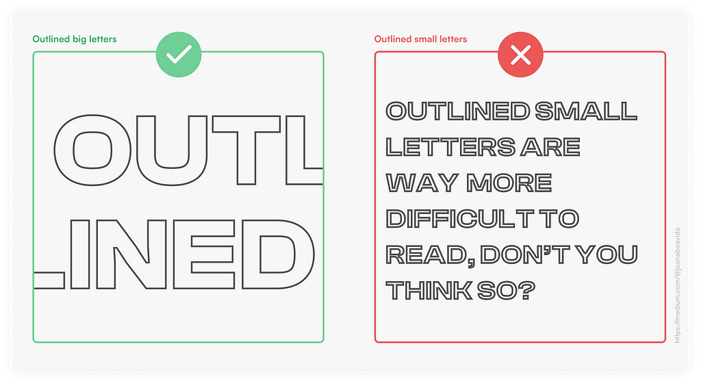 Examples of good vs. bad outlined letters