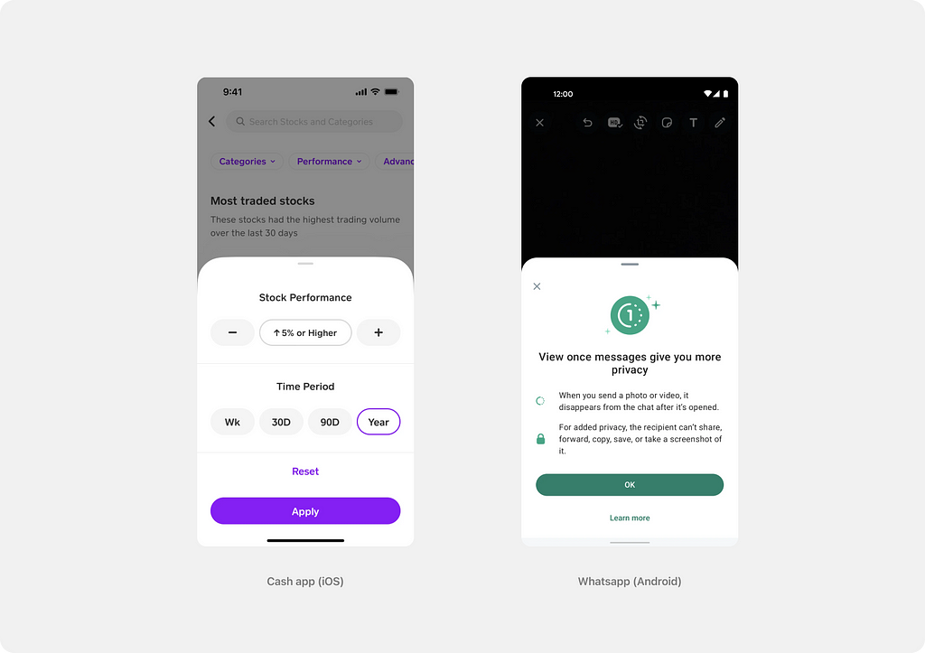 Examples of modal sheets inside applications (iOS and Android)