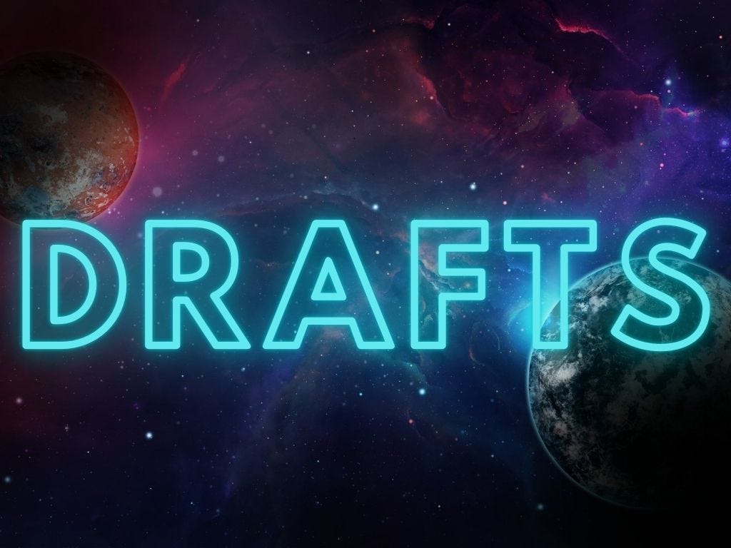 Neon blue blocks letter spell out ‘drafts’ in front of two planets and stars.