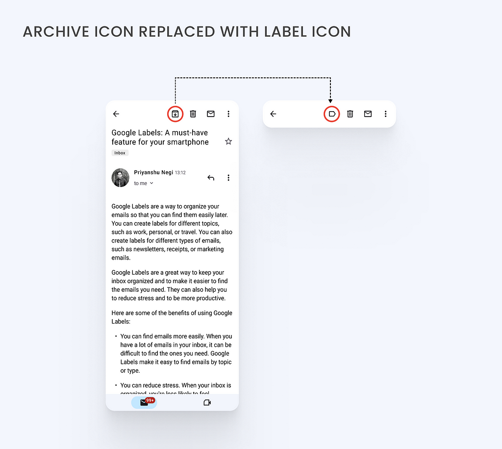 Talking to users, I realized the archive button in the toolbar wasn’t helpful. People hardly used it; they mostly swiped left on the Gmail homepage to archive emails. I changed the archive icon to the label icon