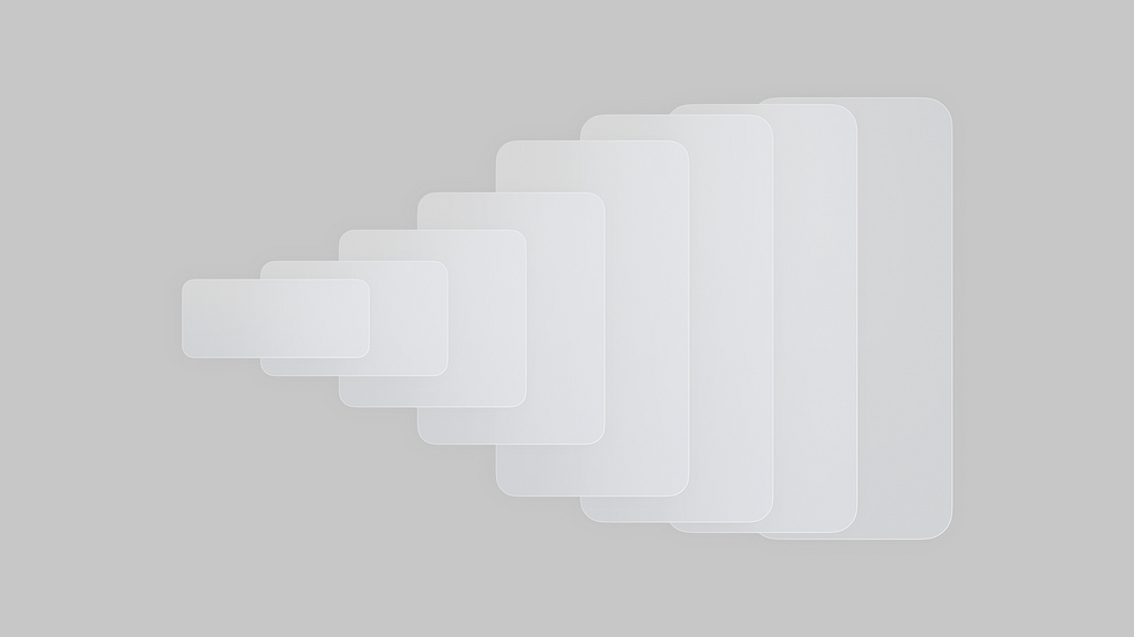 Eight overlapping white rounded rectangles, each increasing in size from left to right, arranged in a layered sequence.