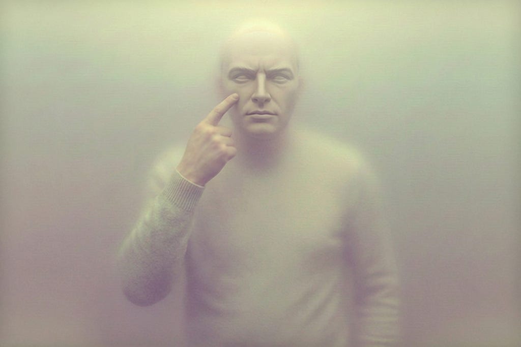 A sharp, in-focus mask in the foreground with a blurred human figure behind it, showing the mask becoming clearer than the person.