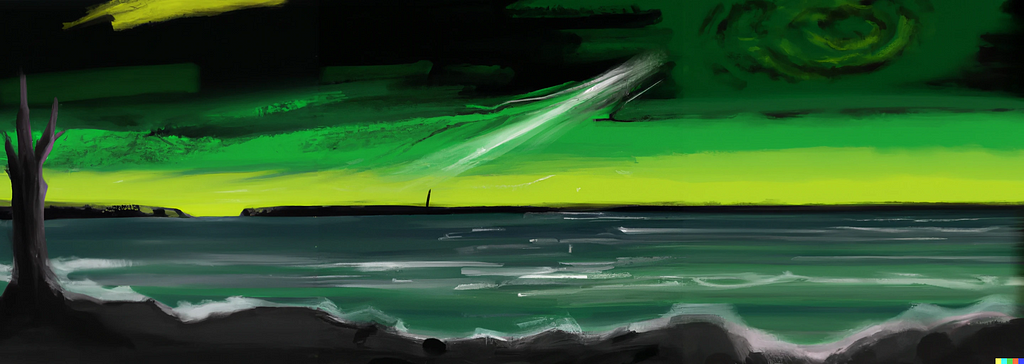 A dark seascape with a haunting green sky in a heavy brushstroke style generated using DALL-E