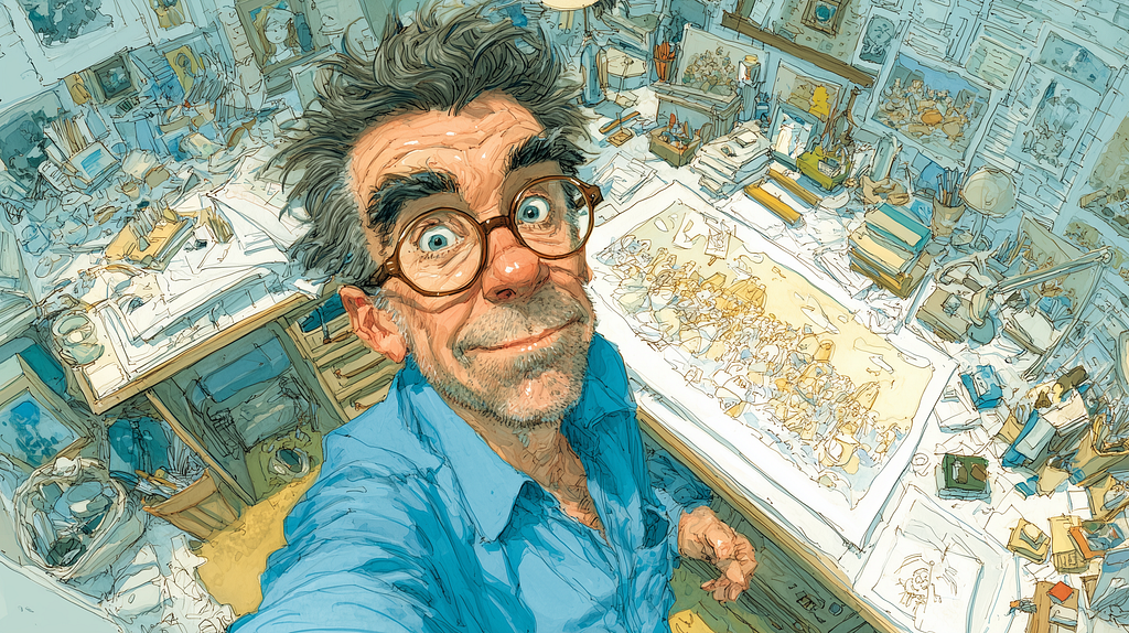 The same character from the beguining of the article looking at a selfie camera and smiling