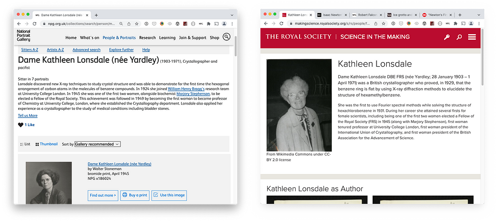 Screenshots from two pages about Kathleen Lonsdale, from NPG and Science in the Making websites