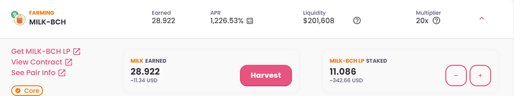 An image of the current APR and expected ROI from my Muesliswap investment. I explain below the numbers.