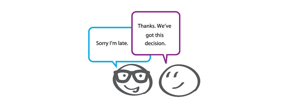 Cartoon of conversation about being late to a meeting