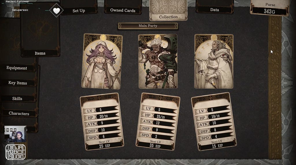 Voice of Cards game screenshot of menu. Collection, owned cards and setup have same sub-options