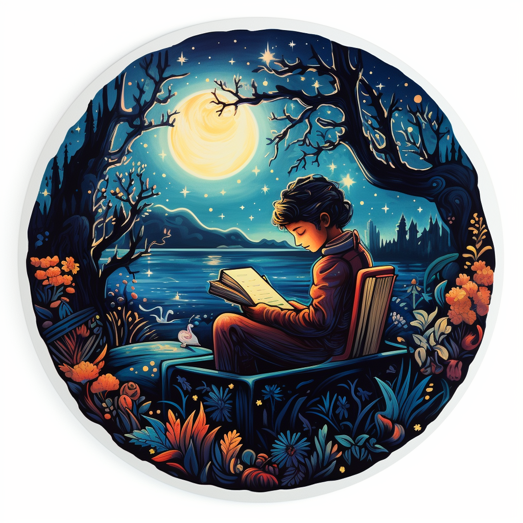 A curious child reading by the light of the moon, outside in a fantasy-like forest.