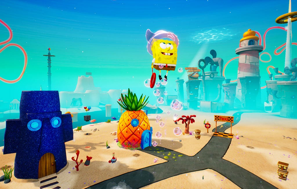 Screenshot of SpongeBob SquarePants Battle for Bikini Bottom Rehydrated of SpongeBob jumping into the air, with his house visible in the background.