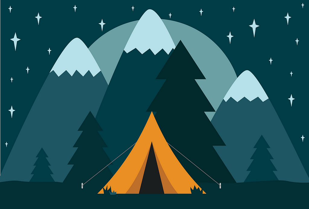 Illustration of an orange tent against a background of trees and mountains.