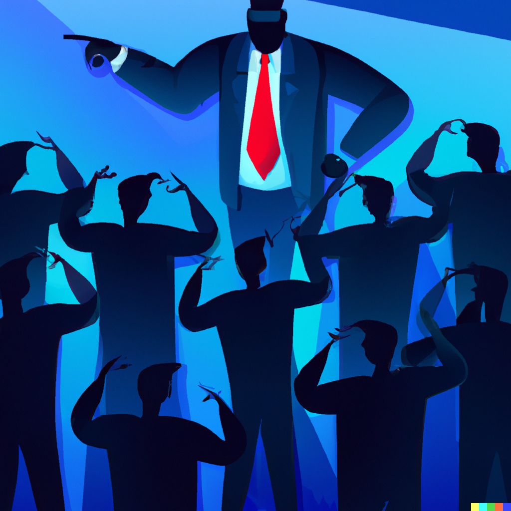 silhouettes of men pointing into various directions, one is bigger and standing in front wearing a red tie. The scene generally is blue. Scene generated by DALLE2 using the prompt “a world where every person is a leader, cinematic, high resolution, high quality, high detail, digital illustration”