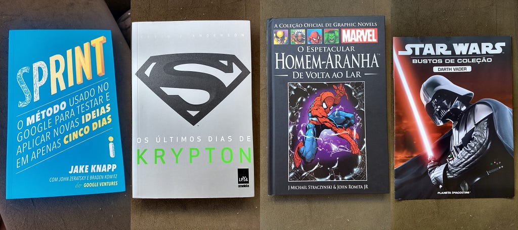 Quatro livros que serão usados como targets: Sprint, Os últimos dias de Krypton, Homem-Aranha de Volta ao Lar e Star Wars