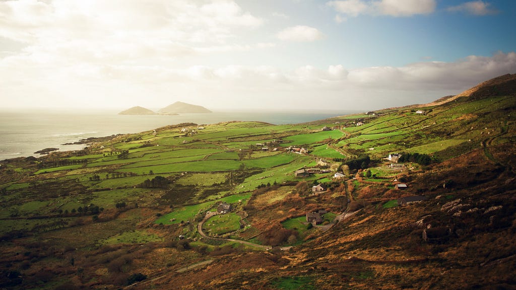 Fields, sea, and distant islands in Ireland.