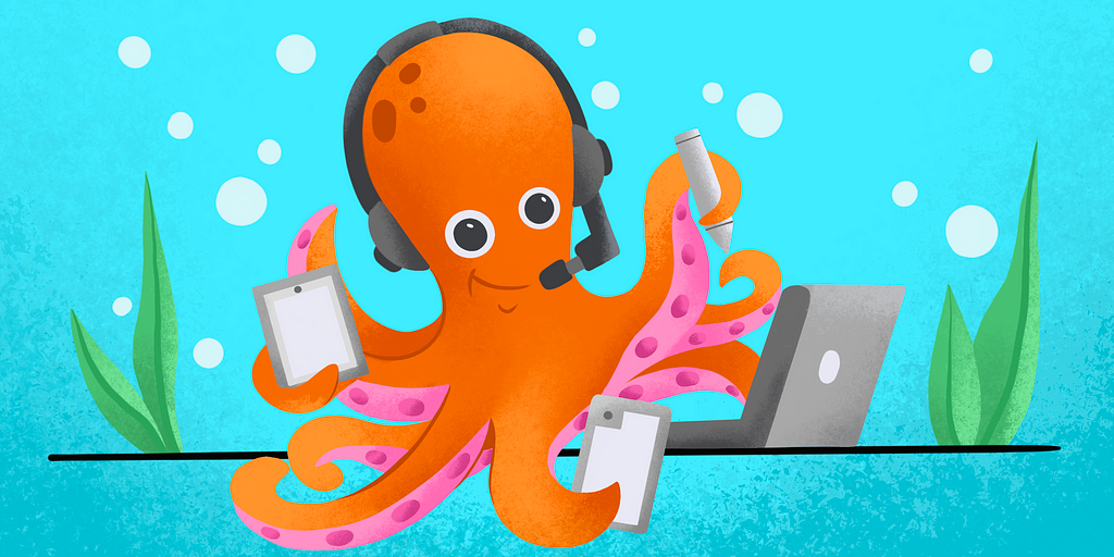 a cute octopus wearing a headset and carrying an ipad, cell phone, pencil, and hovering over a computer