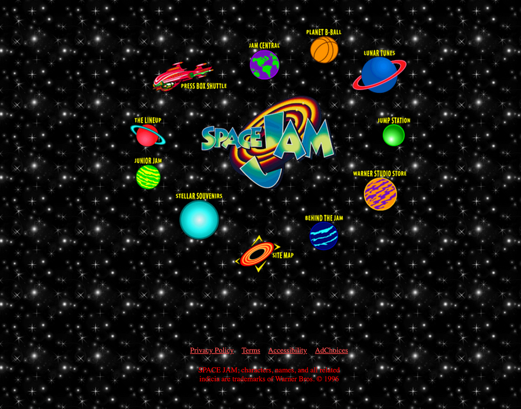 A black background with stars and the SpaceJam logo surrounded by planets