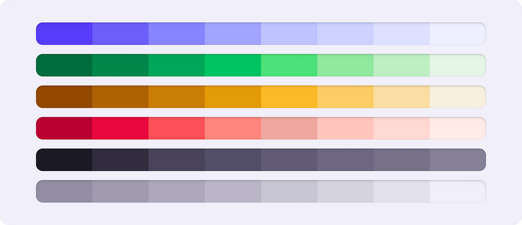 A color palette with multiple shades created from base colors
