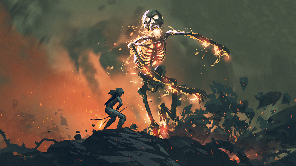 Image: A figure with a bow facing off against a huge flaming skeleton!