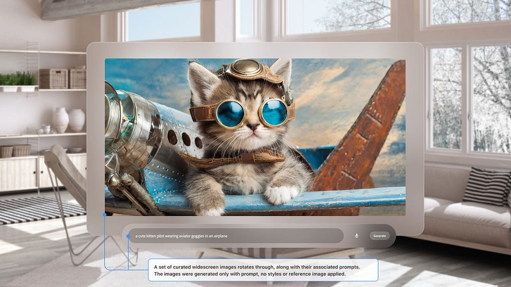 An image of a computer screen superimposed over the center of well-lit, light-colored living room with multiiple windows, bookshelves and comfortable seating. On the computer screen is a AI-generated photograph of a kitten, wearing dark goggles, a scarf, and a helmet, with its front paws perched on the wings of a flying plane. Beneath it, is a prompt bar with the prompt, A cute kitten pilot wearing aviator goggles in an airplane.
