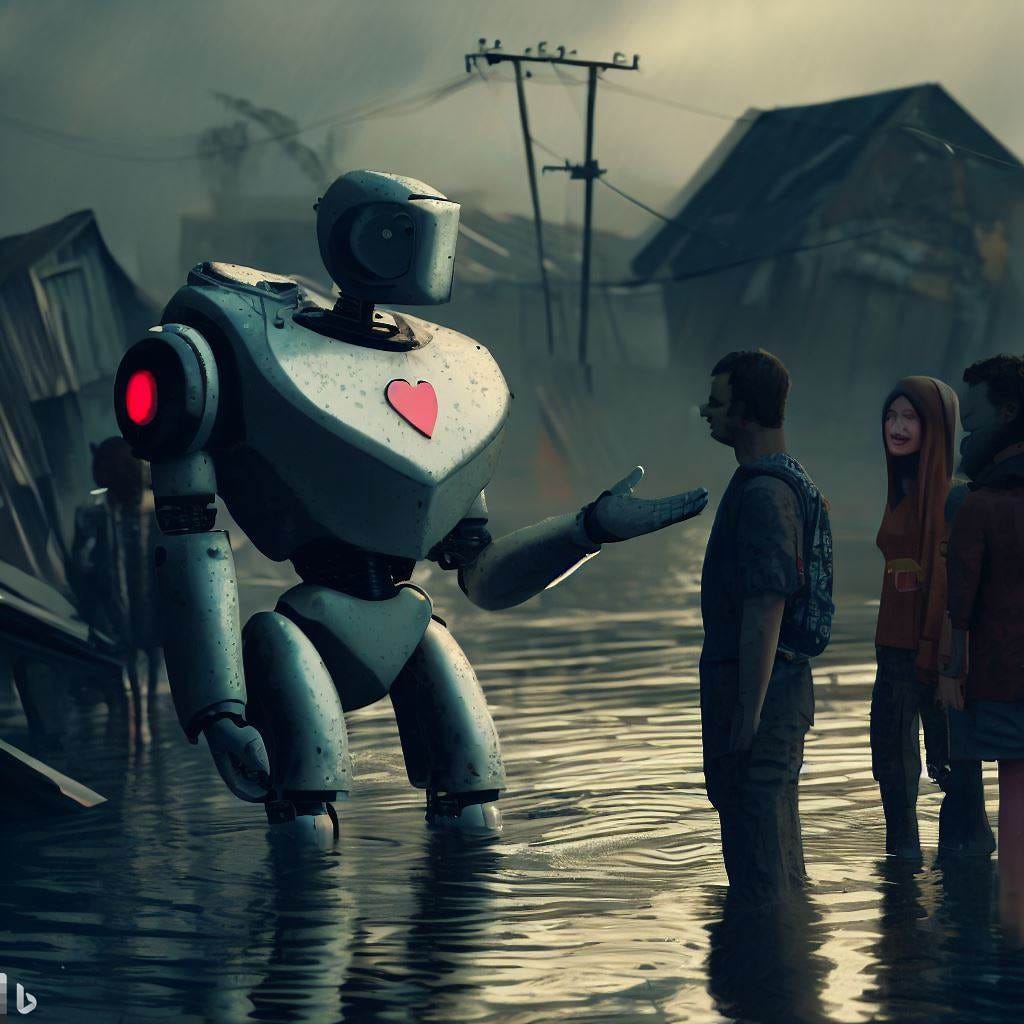 Humanitarian robot talks to its human friends in a flooded town.