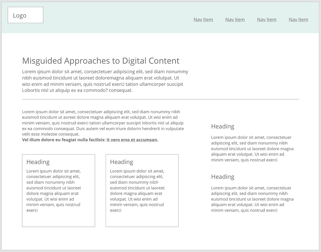 Wireframed screen for a page called Misguided Approaches to Digital Content shows a pre-set layout full of long paragraph blocks that contain only lorem ipsum. No real content has been considered or created in this view.