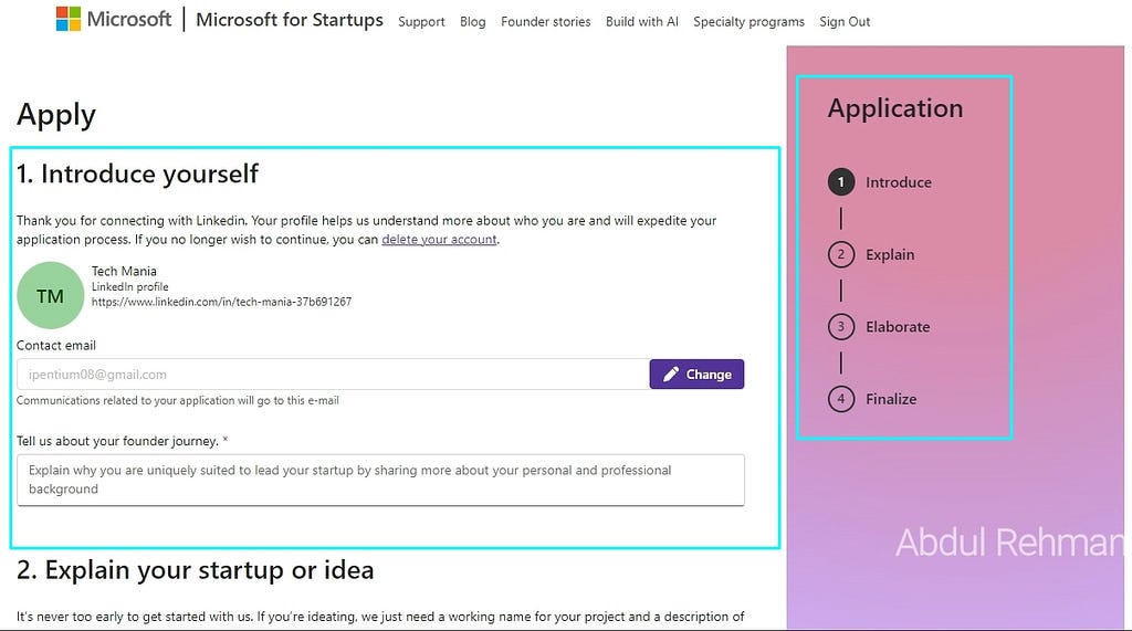 Application Page — MS for Startups