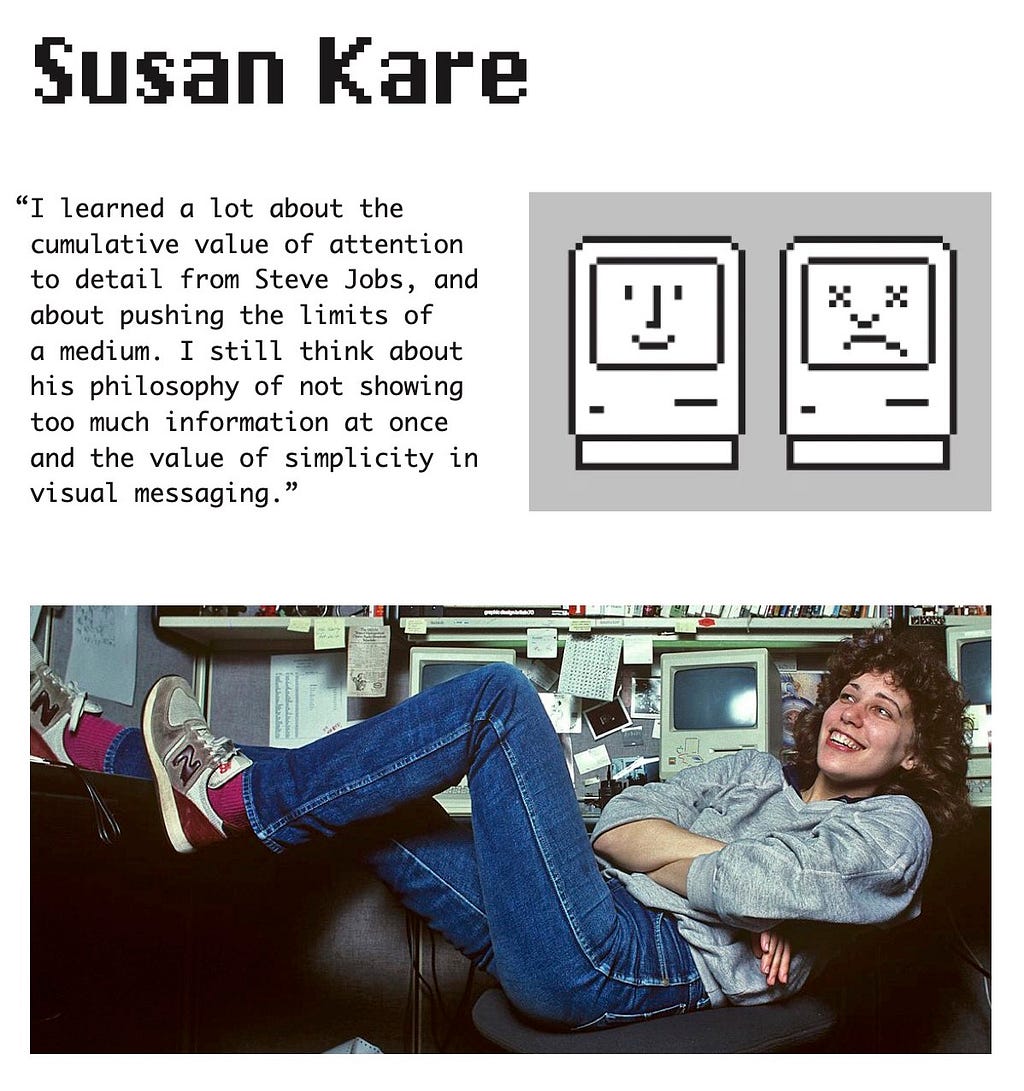 Proposal for my design hero Susan Kare including a quote, her smiling and frowning Mac icons, and an image of her sitting in her office.