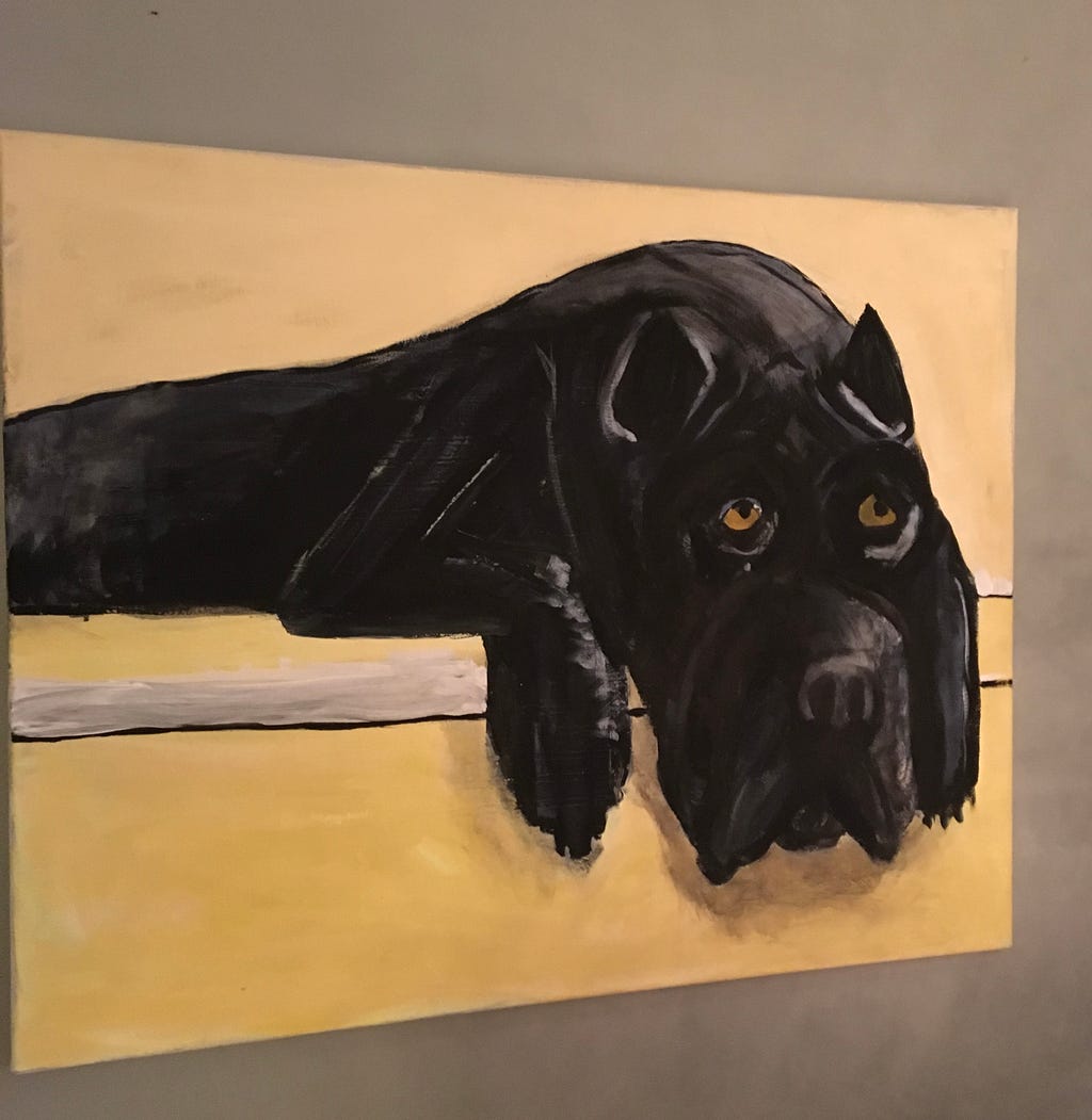 A large painting of a black cane corso dog lying down.