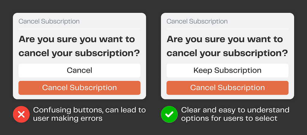 Examples of confusing buttons which can lead to errors at the user end vs clear and easy to understand options.