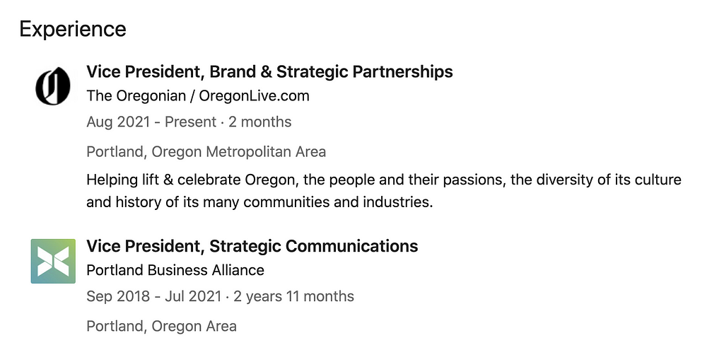 Image of Amy Lewin’s LinkedIn, showing her role at O and PBA.