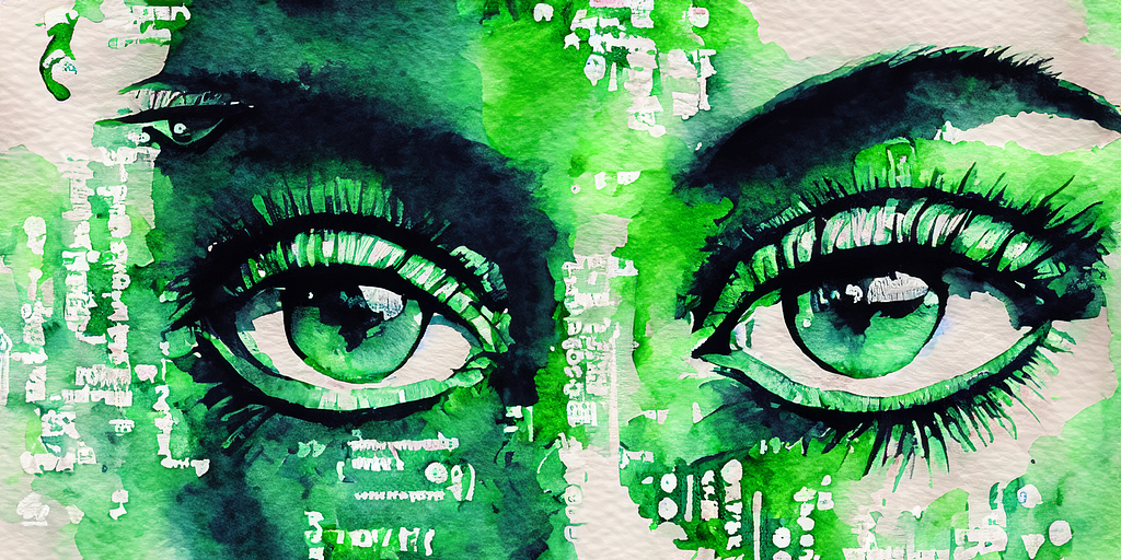 Painting of a close up of a person’s eyes, overlaid with abstract bits of computer code, vaguely evocative of The Matrix.