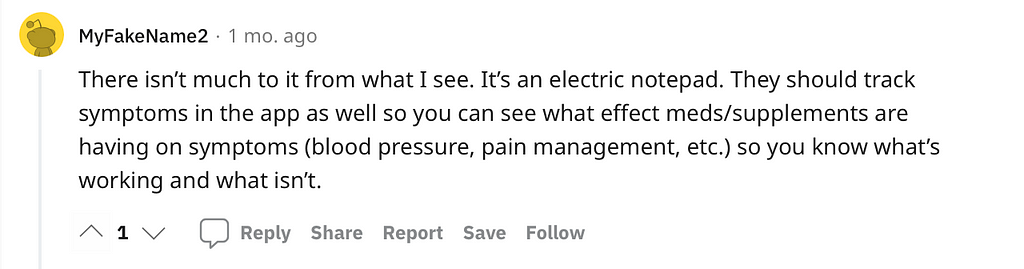 Reddit comment showing that you cannot track symptoms