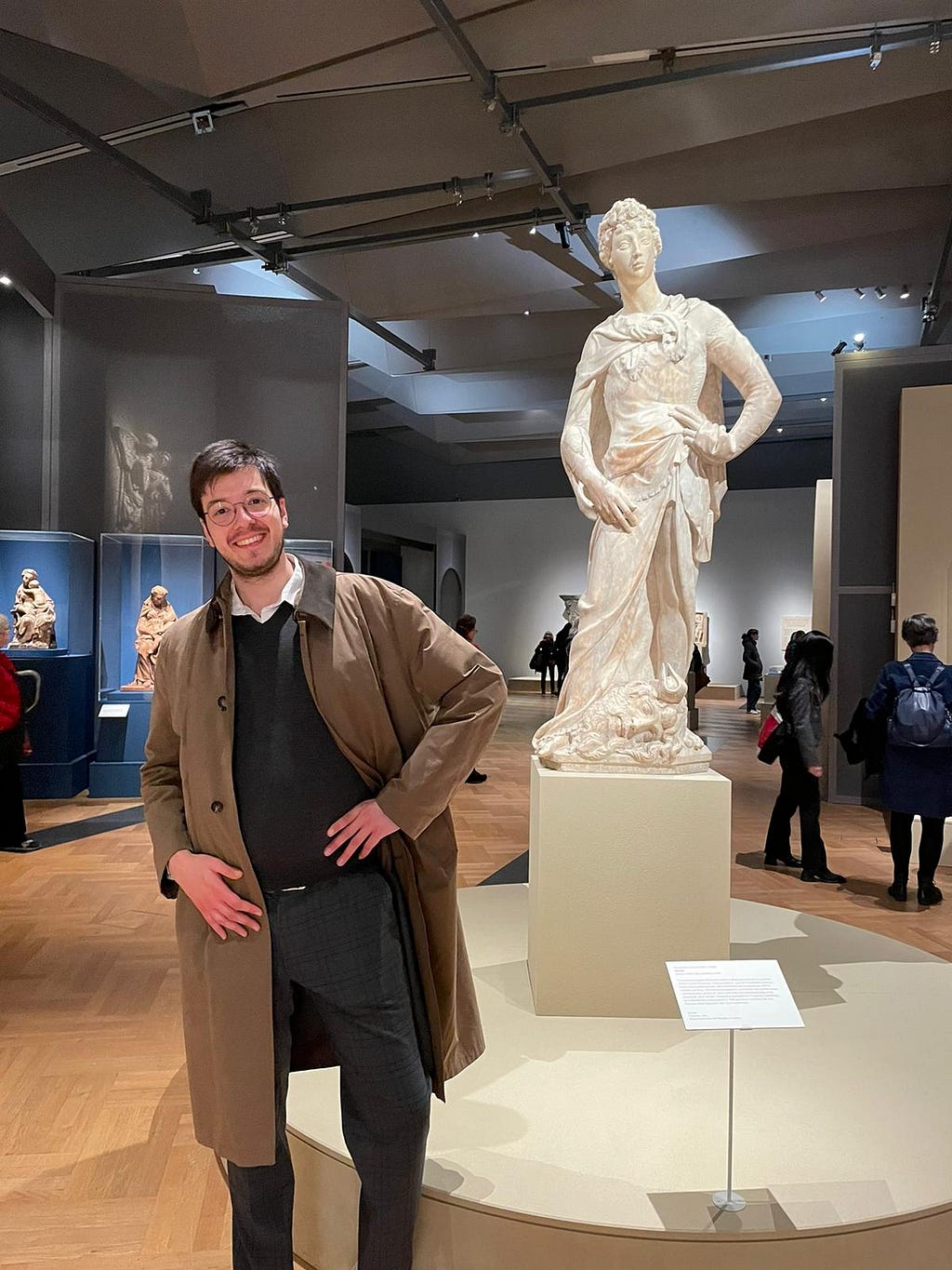 Antonello Mirone (Art Historian), next to the marble David of Donatello. Victoria and Albert museum exhibition in London, 2023.