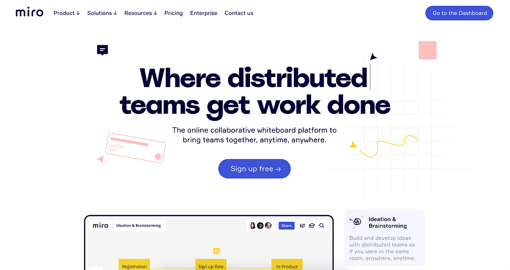 A screenshot of Miro’s website with the tagline “Where distributed teams get work done”