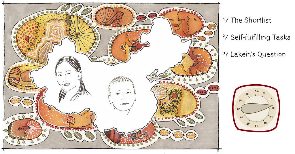 Black and white illustration of two young people with the outline of China and some abstract cells (in brown and yellow tones) behind them.