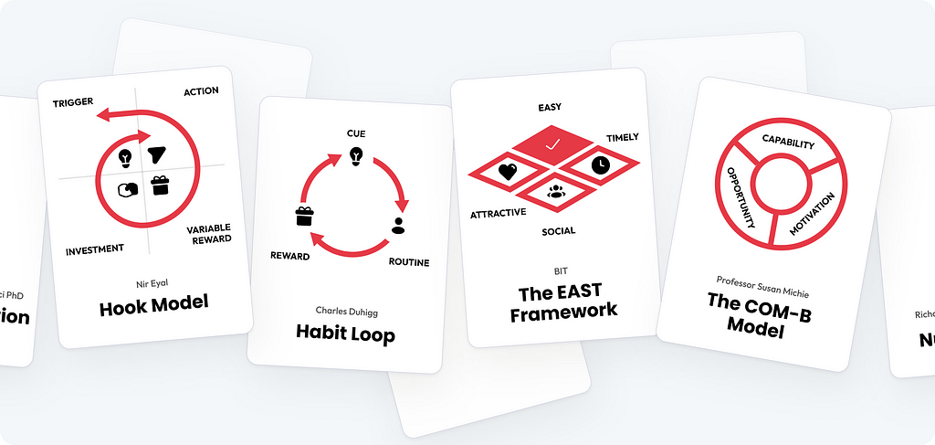 Cards illustrating behavioral design frameworks like the Hook Model, Habit Loop, the EAST Framework, and the COM-B Model.