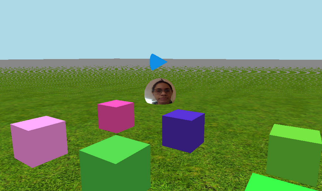 Virtual field with a grass floor and 4 cubes. a face s in the middle of the field