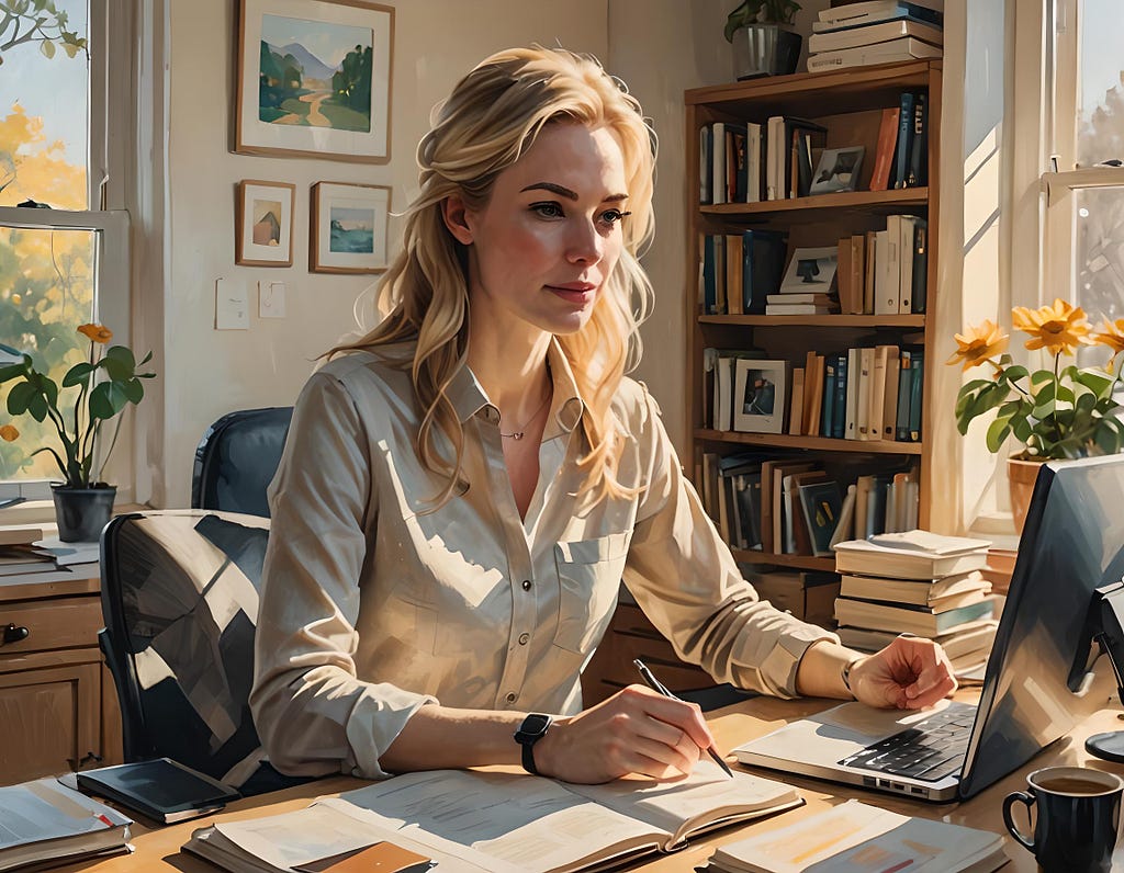 Young blonde woman hard at work optimizing Substack for maximum reach